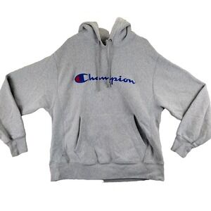 Champion Reverse Weave Hoodie Sweatshirt Gray Logo Pullover‎ Men's Large